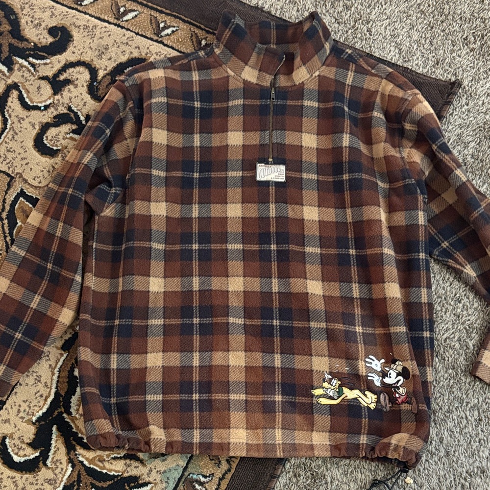 Vintage Mens Disney Plaid Quarter-Zip Pullover Sweatshirt with Mickey Mouse